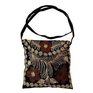 NEW Black Brown Gold Embroidered Velvet Crossbody Shoulder Slouch Hobo Bag